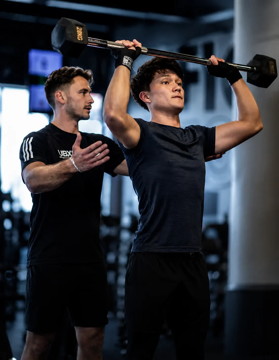 A young man performing an overhead barbell press in a gym while his personal trainer guides his form.
